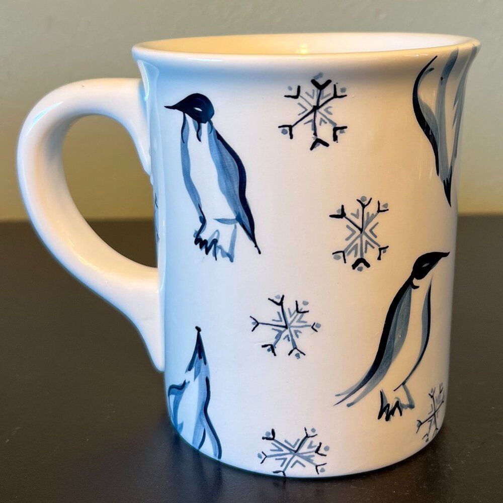 Eddie Bauer Home Ceramic Penguin & Snowflake Coffee Mug 16oz Blue White Vintage